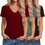 Riyiper 3 Pack Women's V Neck T-Shirts Short Sleeve Loose Fit Tops Casual Basic Trendy Straight Hem Plain Tees