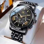 OLEVS Mens Watches Luxury Waterproof Luminous Easy Read Chronograph Watches Full Gold/White Dail/Black Face with Calendar Wrist Watches - Image 2