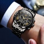 OLEVS Mens Watches Luxury Waterproof Luminous Easy Read Chronograph Watches Full Gold/White Dail/Black Face with Calendar Wrist Watches - Image 3