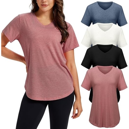 4 Pack V Neck T Shirts for Women Basic Tees Casual Short Sleeve Shirts Loose Fit Plus Size Tops Plain Summer Clothes