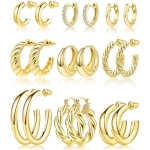 Adoyi 9 Pairs Gold Hoop Earrings Set for Womens Twisted Huggie Hoops Earrings 14K 18K Gold Plated for Girls Valentines Mother's Day Birthday Gifts Lightweight