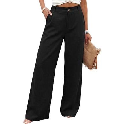 Hooever Womens Cotton Linen Pants Casual Button Up High Waisted Wide Leg Trousers