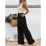 Hooever Womens Cotton Linen Pants Casual Button Up High Waisted Wide Leg Trousers - Image 3